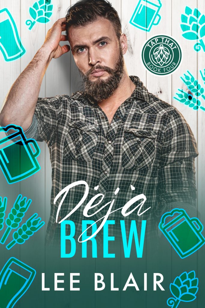 DejaBrew-f900-web Deja Brew cover. Man with stern expression, dark hair and beard is touching the side of his head. He's wearing a plaid shirt. Turquoise and green beer mug and hops icons.