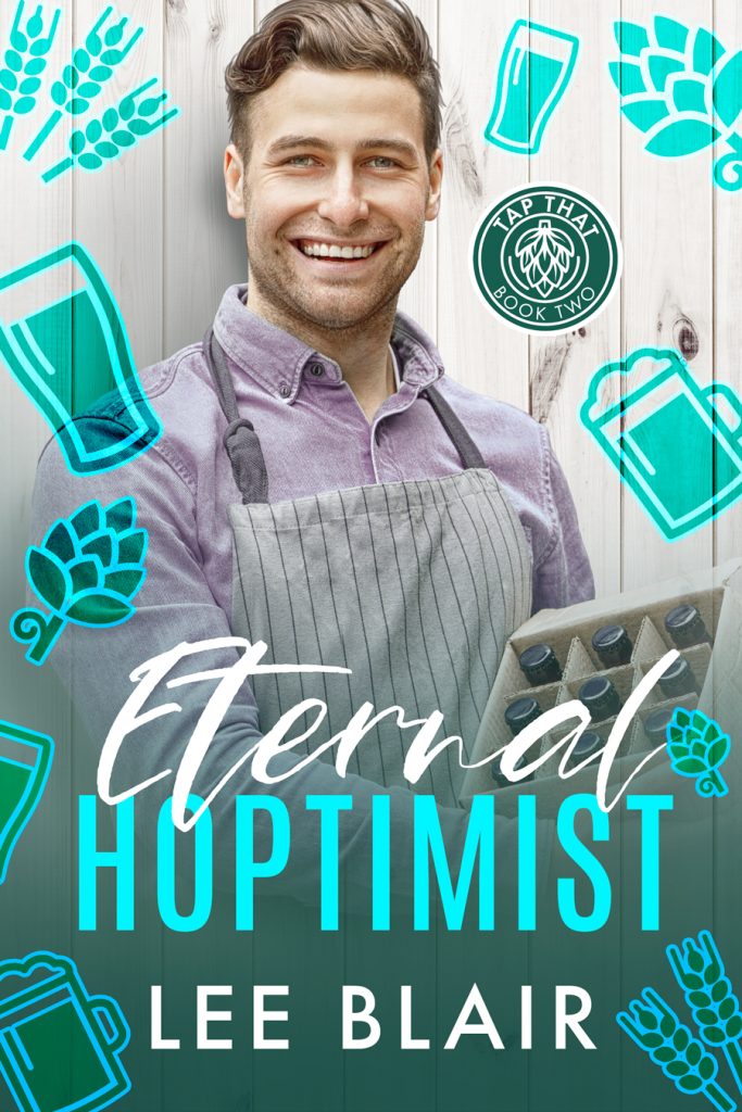 EternalHoptimist-f900-web Eternal Hoptimist cover. Smiling man holding a box of beer bottles. Aqua and green beer mug and hops icons.