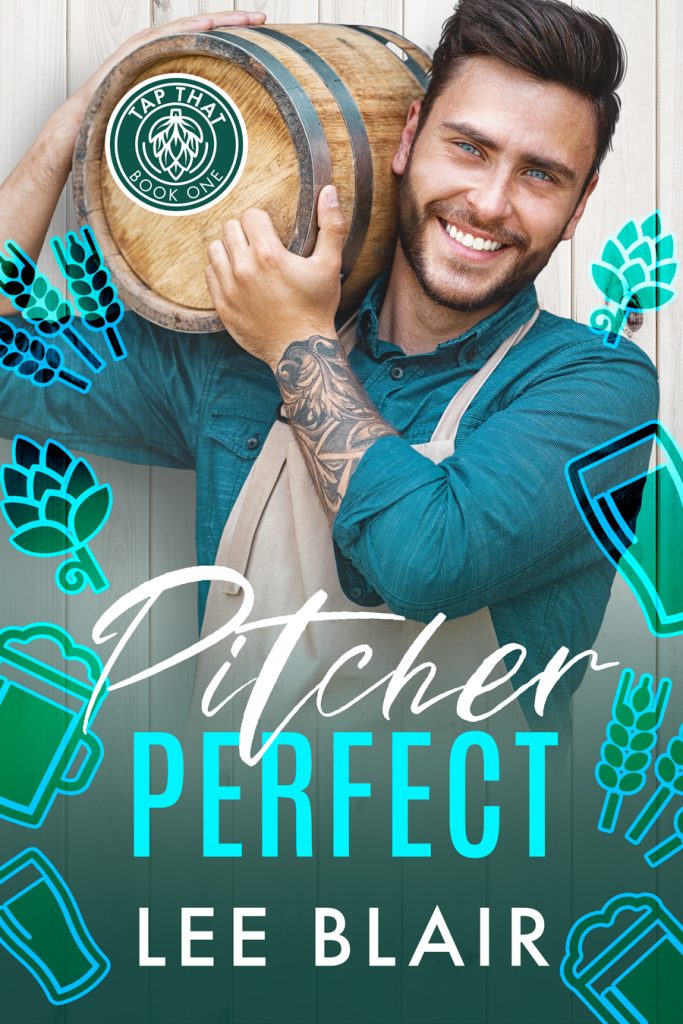 PitcherPerfect-f900-web Pitcher Perfect cover. Smiling man with dark hair and short beard holding a keg on his shoulder. Aqua and green icons of beer mugs and hops.