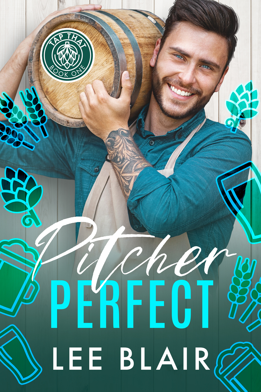 PitcherPerfect-f900-web Pitcher Perfect cover. Smiling man with dark hair and short beard holding a keg on his shoulder. Aqua and green icons of beer mugs and hops.