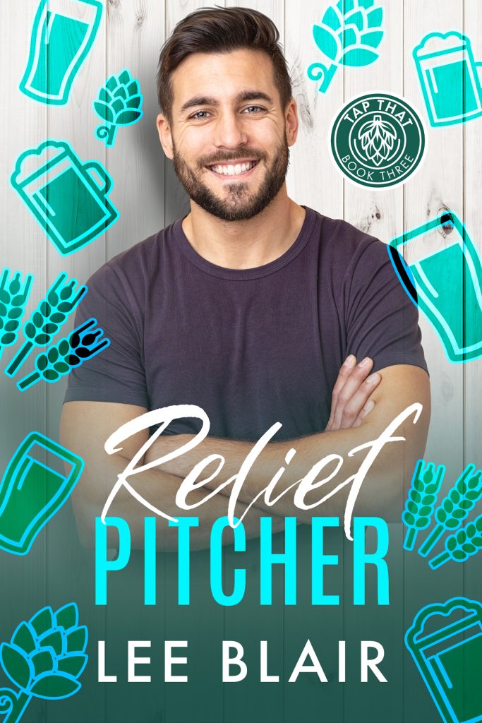 ReliefPitcher-f900-web Relief Pitcher cover. Smiling man with arms crossed casually. Aqua and green icons of beer mugs and hops.